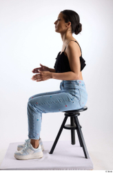 Whole Body Woman Casual Jeans Slim Sitting Top Studio photo references